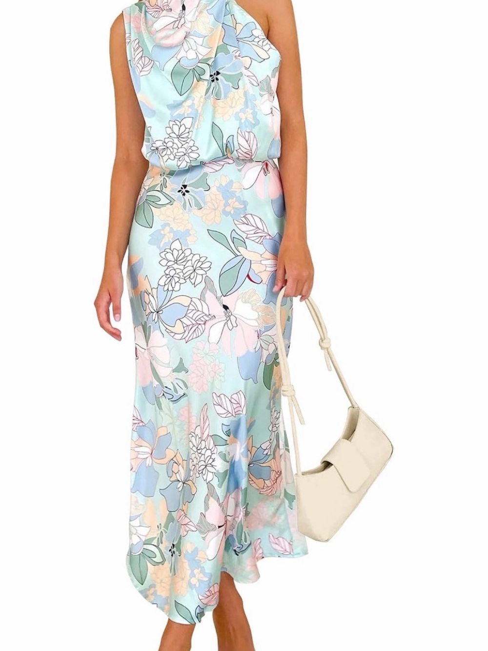 Satin Aqua Floral Asymmetrical Mock Neck Cocktail Maxi Dress Size L